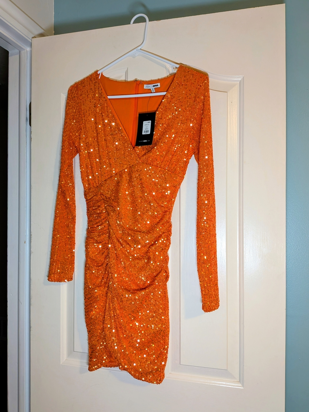 NEW Fashion Nova Orange Sequin Long Sleeve Ruched V-Neck Mini Dress